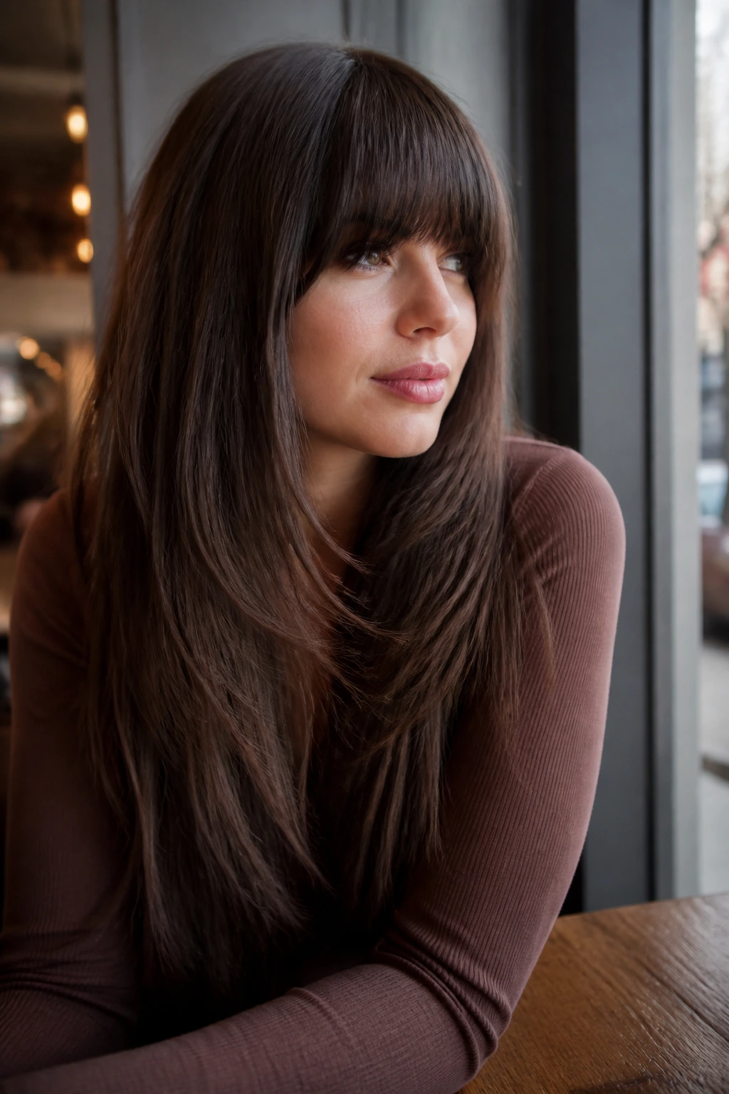 Close-up of a woman with heavy fringe and long length hair