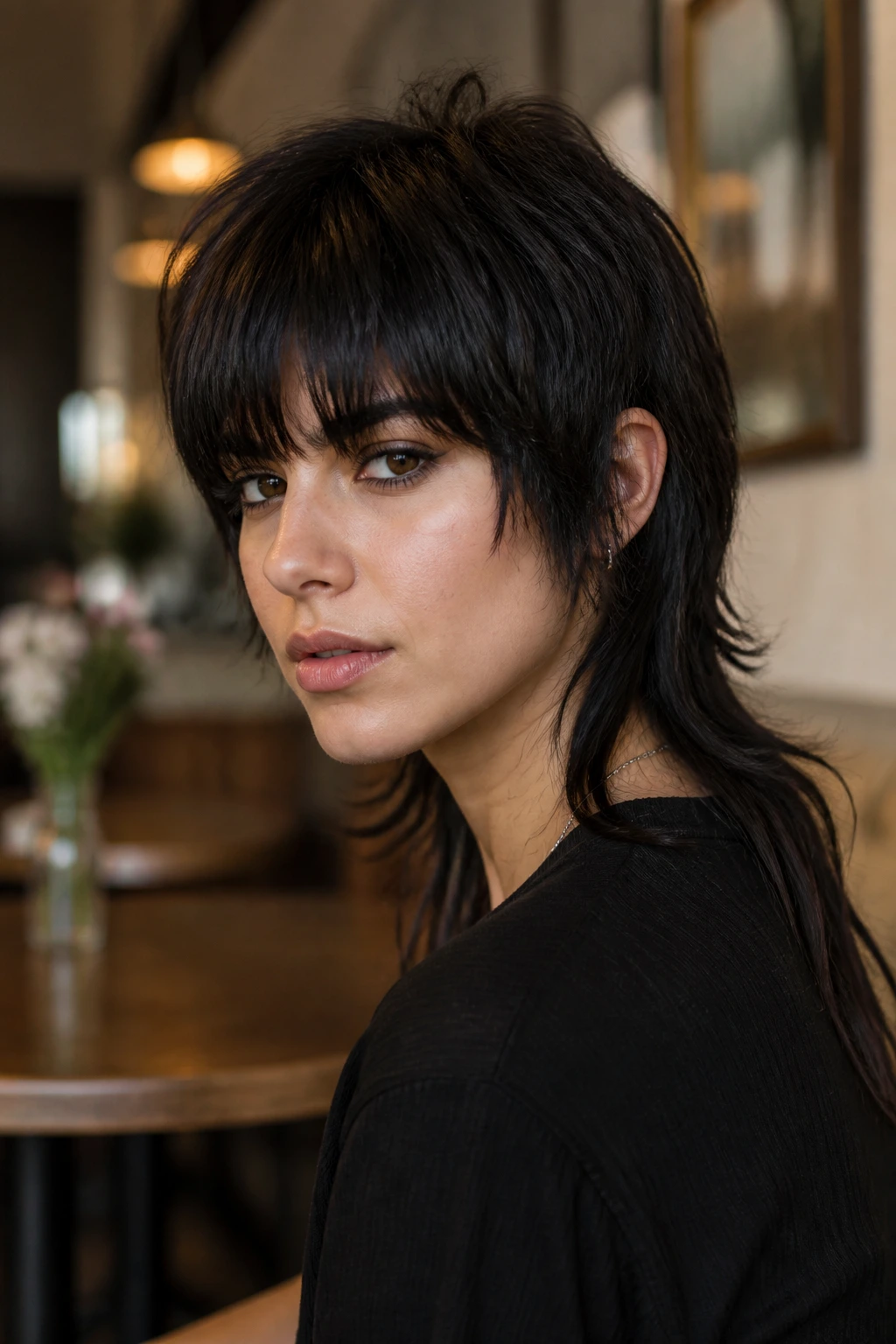 Real woman with heavy fringe mullet framing the eyes.