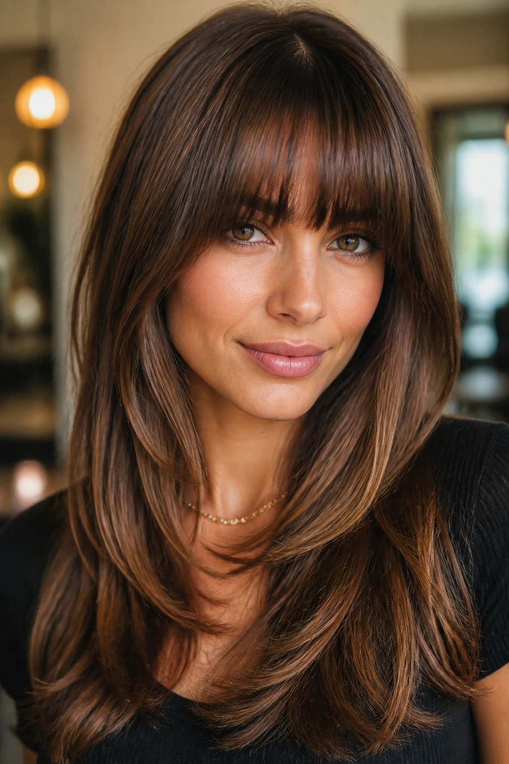 Close-up portrait of a real person with a heavy full fringe and polished layers