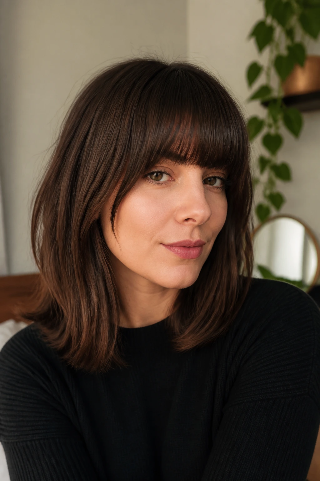 Portrait of a woman with a heavy full fringe in a warm indoor setting