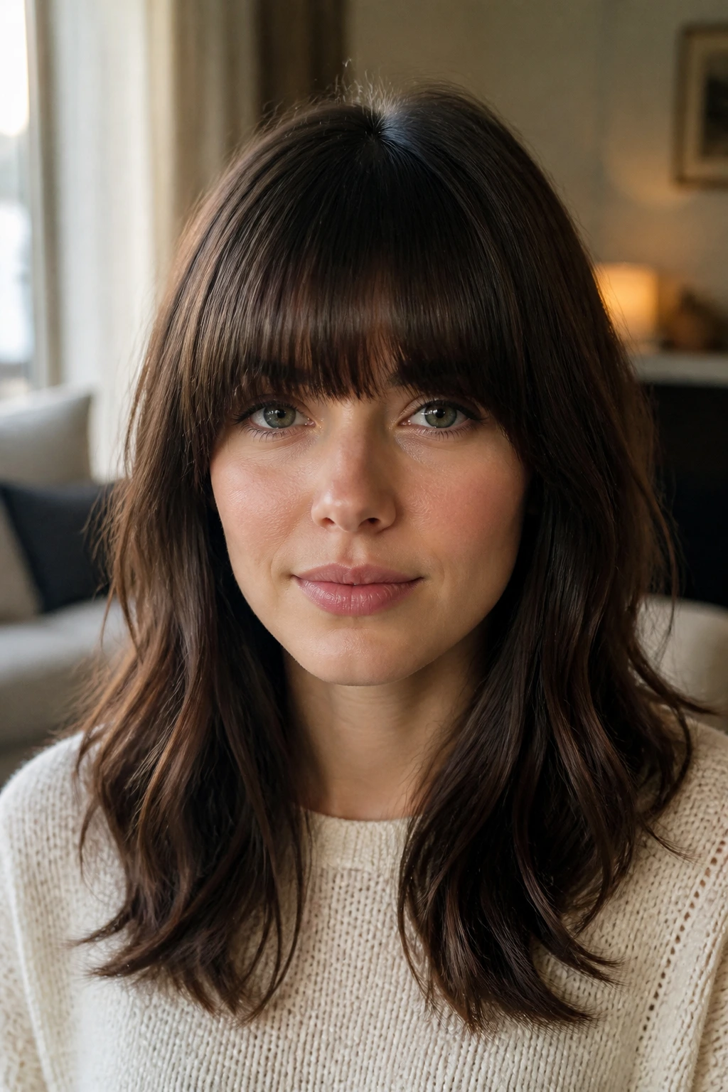 Close-up portrait of a person with a heavy fringe hairstyle in a cozy room