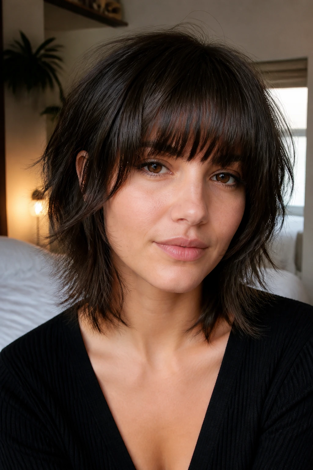 Close-up portrait of a real woman with heavy fringe and airy interior layers on straight hair, natural window light