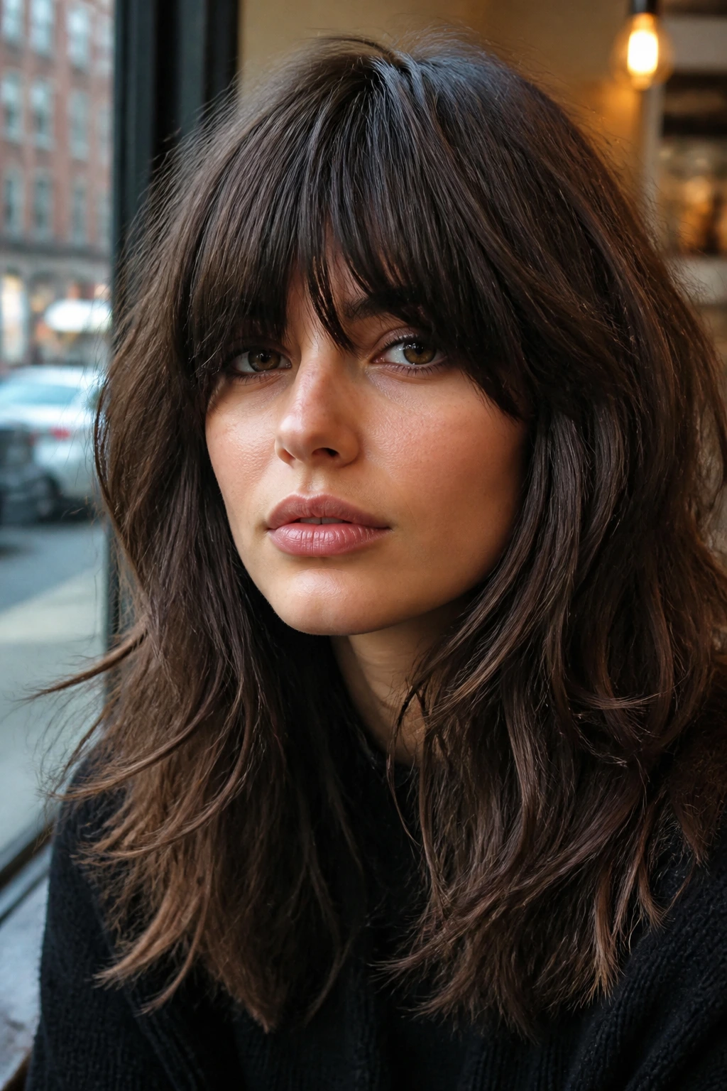 Close-up of a real woman with a heavy fringe shag in a cafe setting