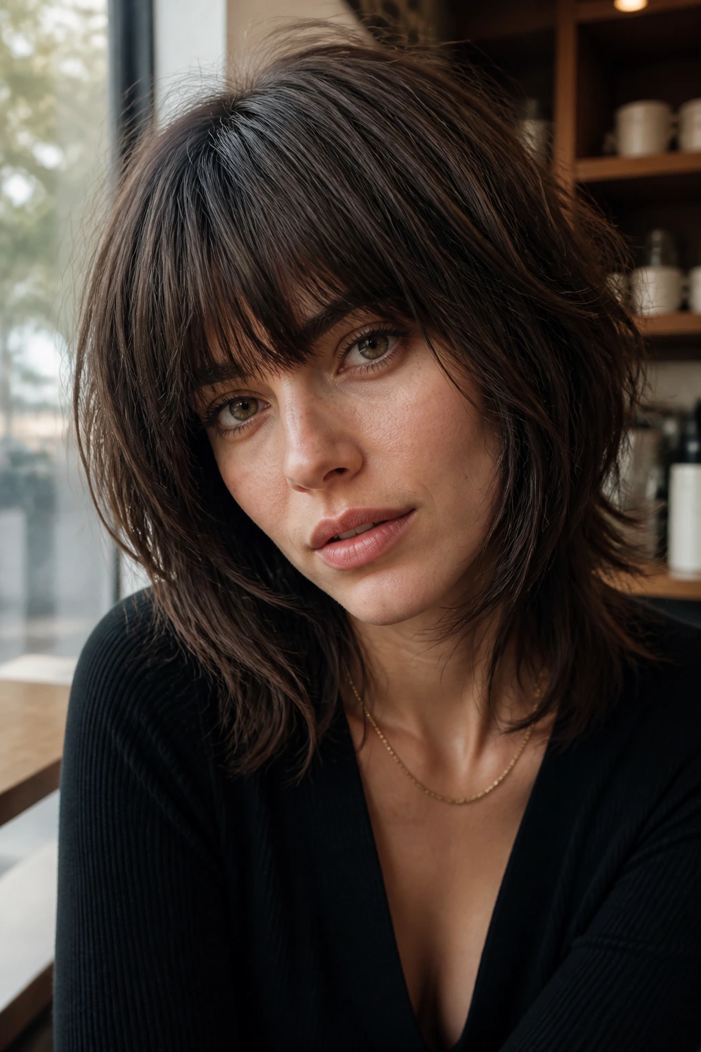 Real woman with heavy fringe shag skimming brows in natural cafe light