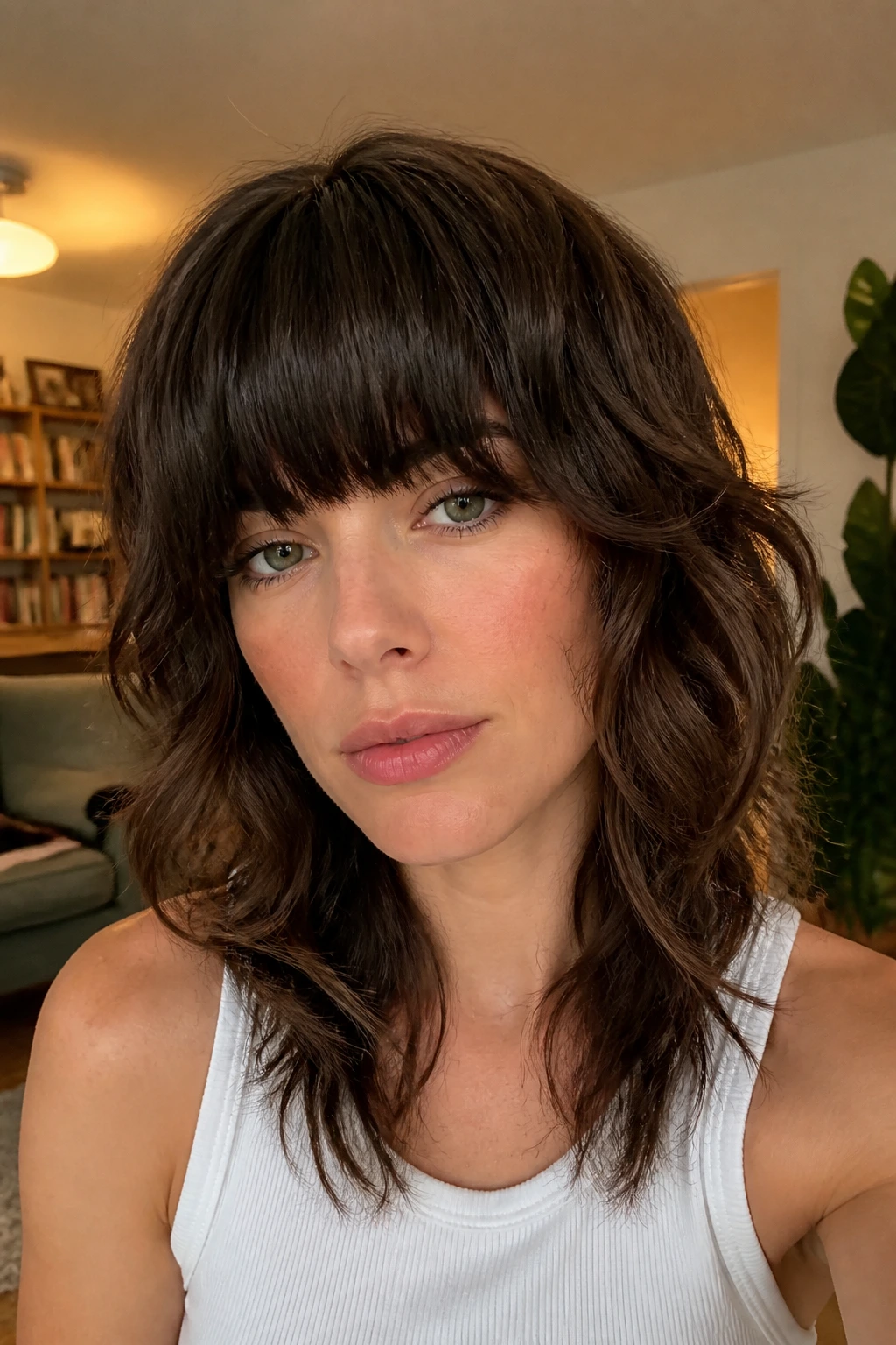 Portrait of woman with heavy fringe shag hairstyle.
