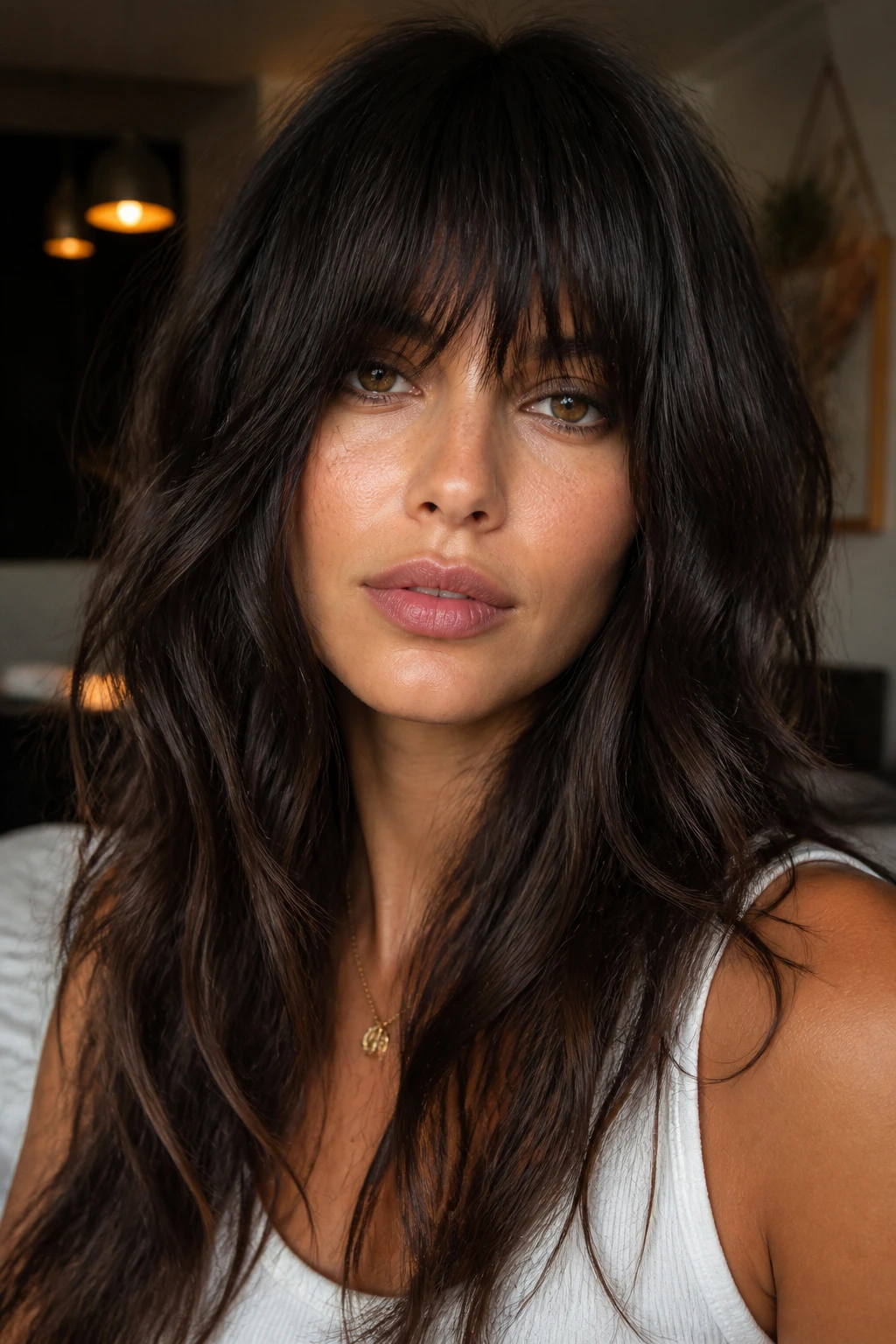 Close-up of a woman with heavy fringe shag and bold forehead fringe