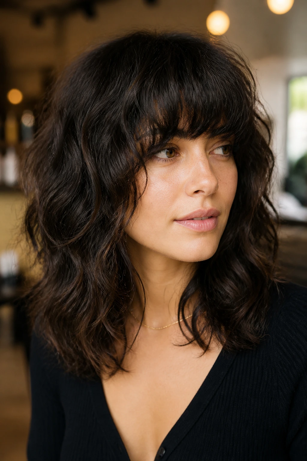 Portrait of real woman with dense waves and heavy fringe shag