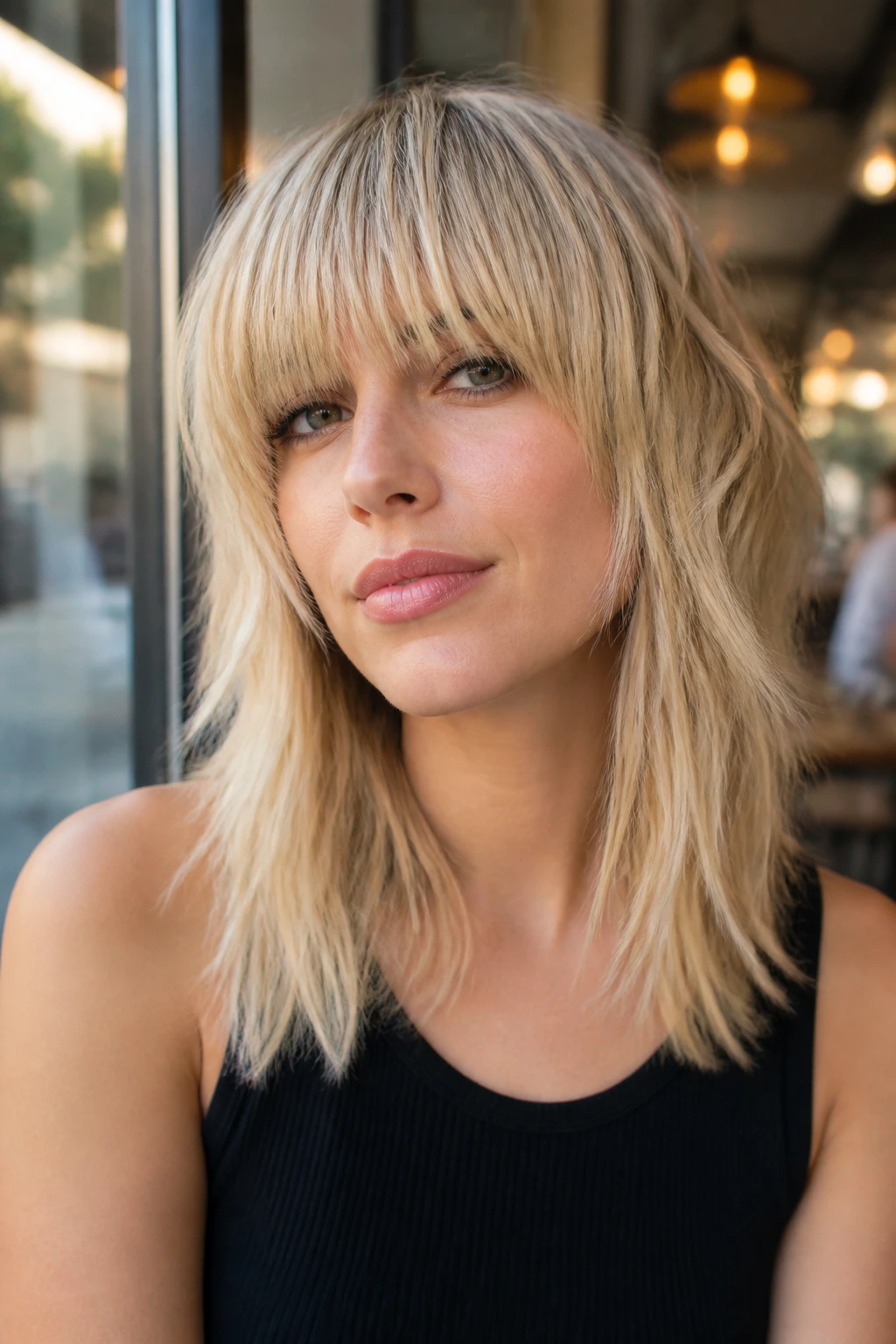 Close-up of a real person with heavy fringe shag and lighter lengths around shoulders.