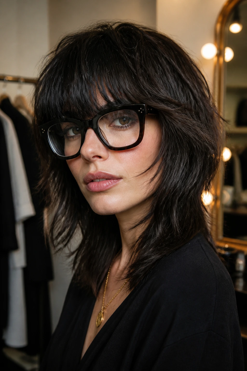 Close-up of a real woman with heavy fringe shag and bold glasses
