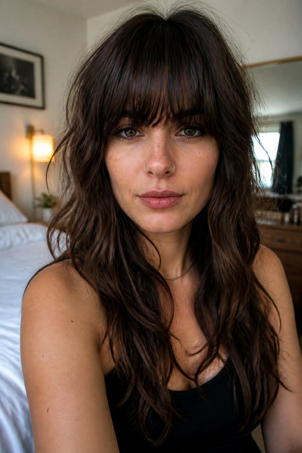 Close-up of a real woman with heavy fringe shag hairstyle