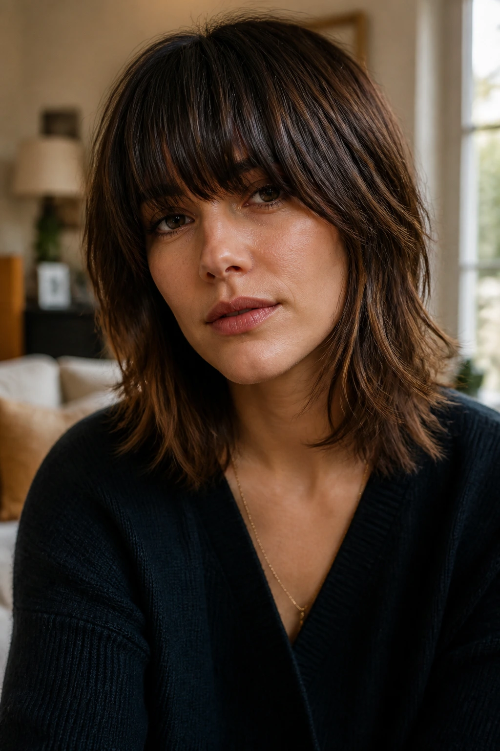 Close-up of a real woman with a heavy fringe shag hairstyle and soft layers
