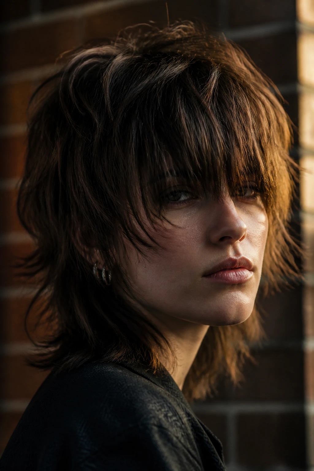 Moody portrait of a real person with heavy fringe rocker shag against a brick wall