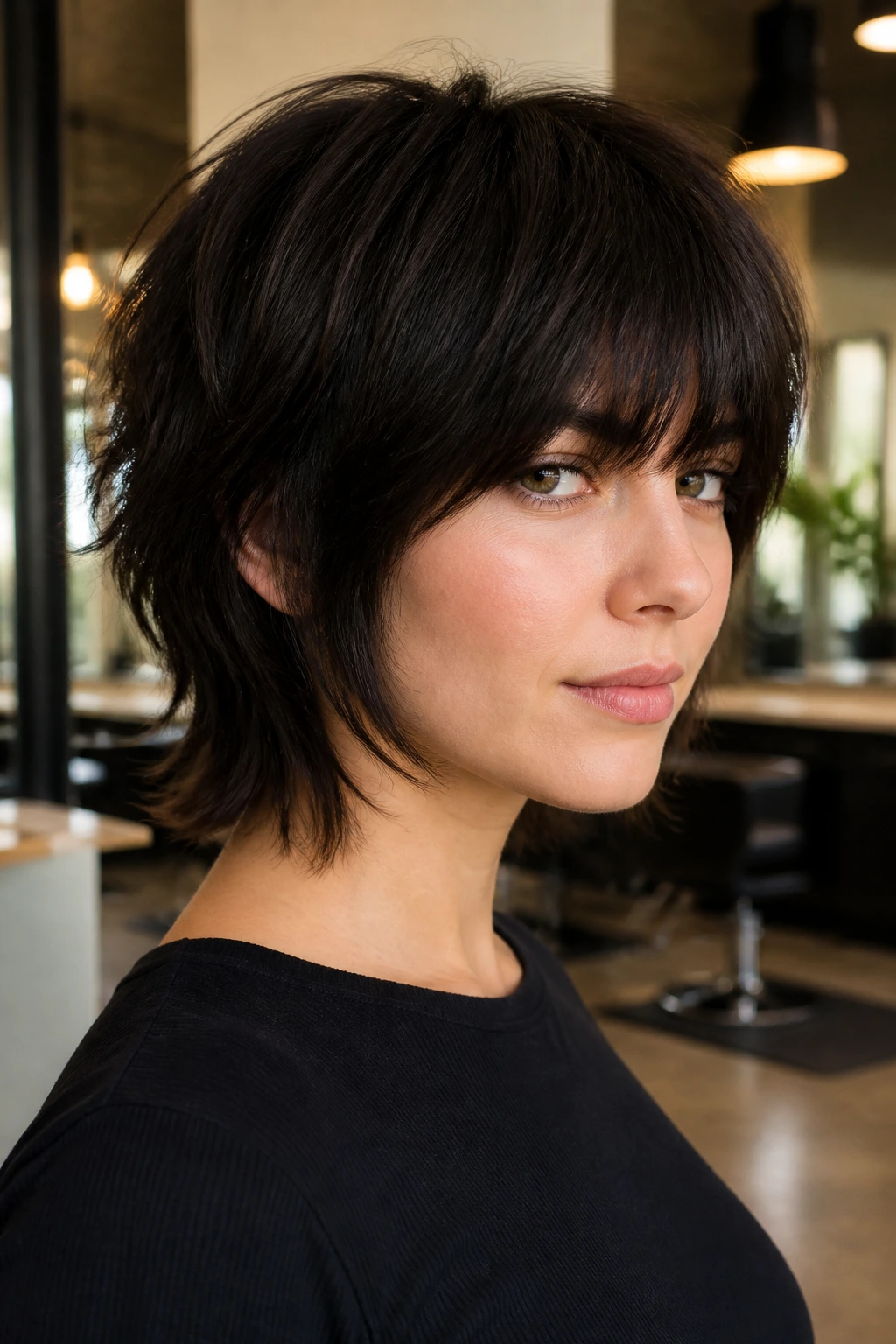Close-up of a real person with a dense fringe and tapered neck in a salon setting.