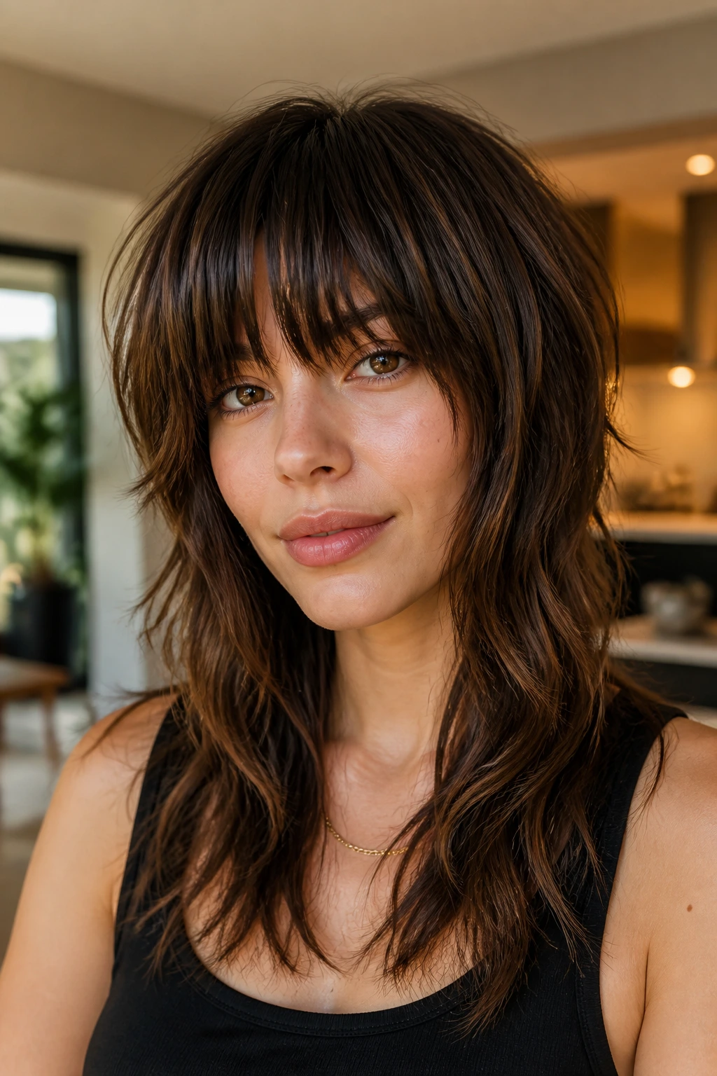 Close-up of a real woman with heavy fringe shag and walnut lights
