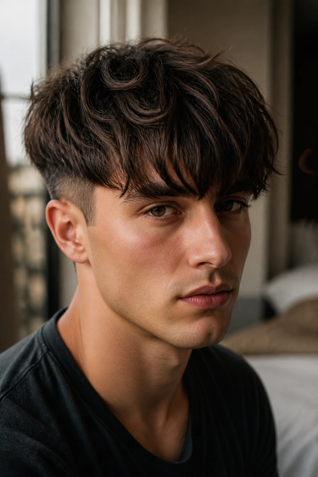 Close-up of a person with heavy fringe and tapered sides