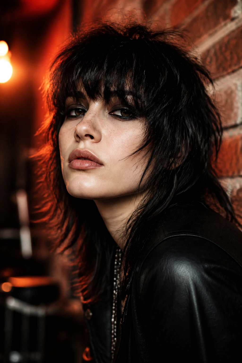 Close-up portrait of real person with heavy fringe wolf cut rocker texture backstage at a venue