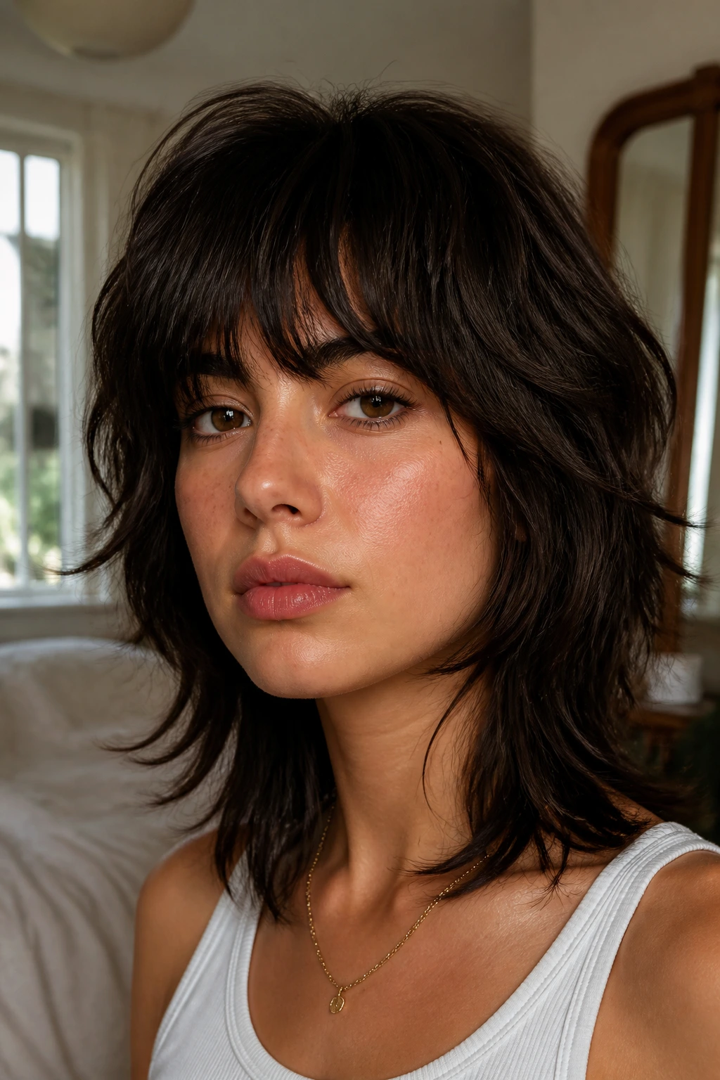 Close-up of real person with heavy fringe wolf cut and strong brows in natural light