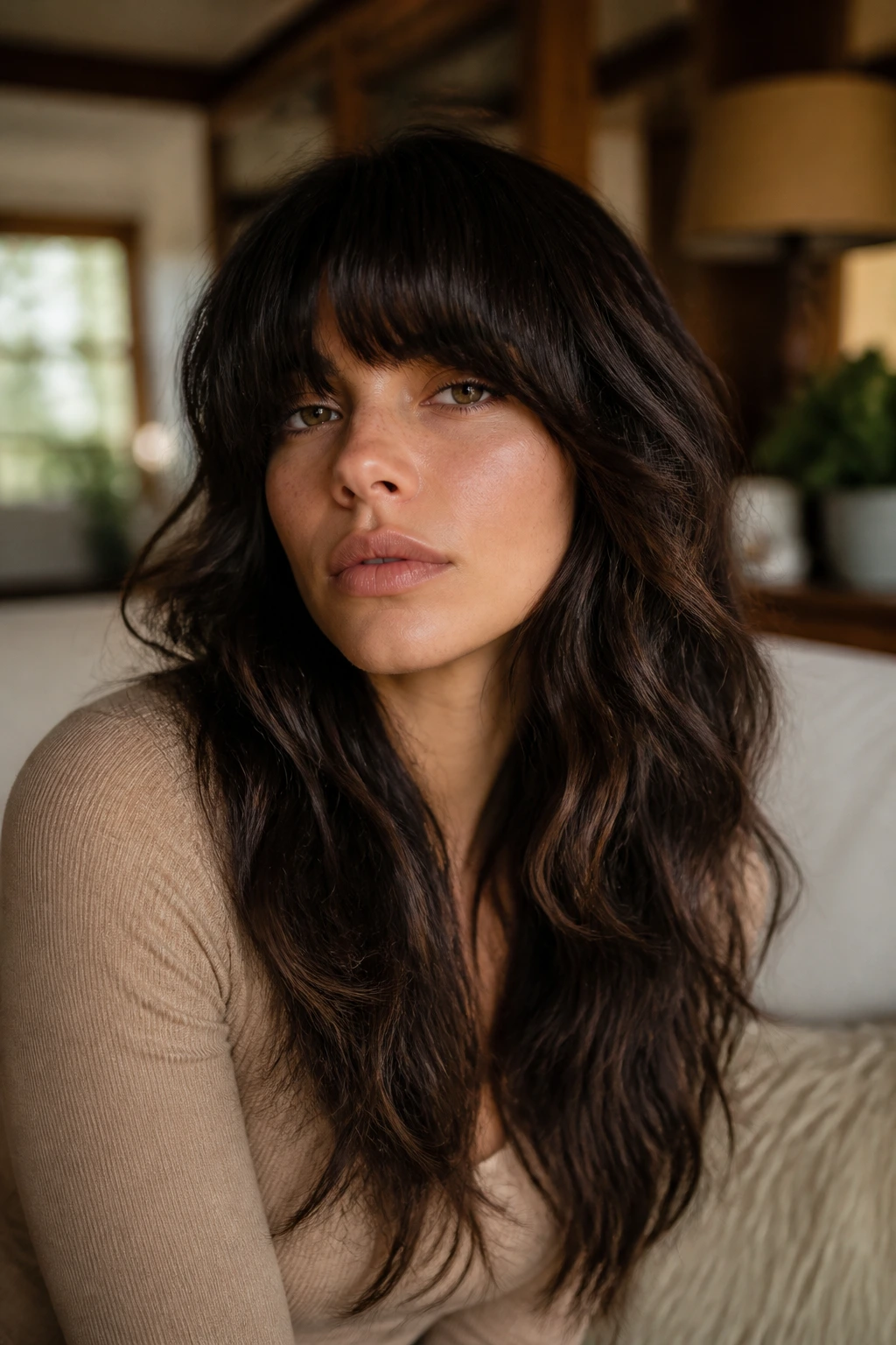 Close-up portrait of a real woman with a heavy fringe and layered waves