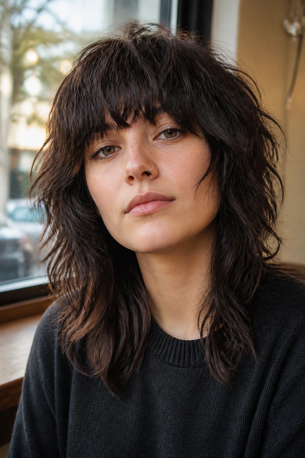 Close-up of a real person with a heavy fringe wolf hairstyle.