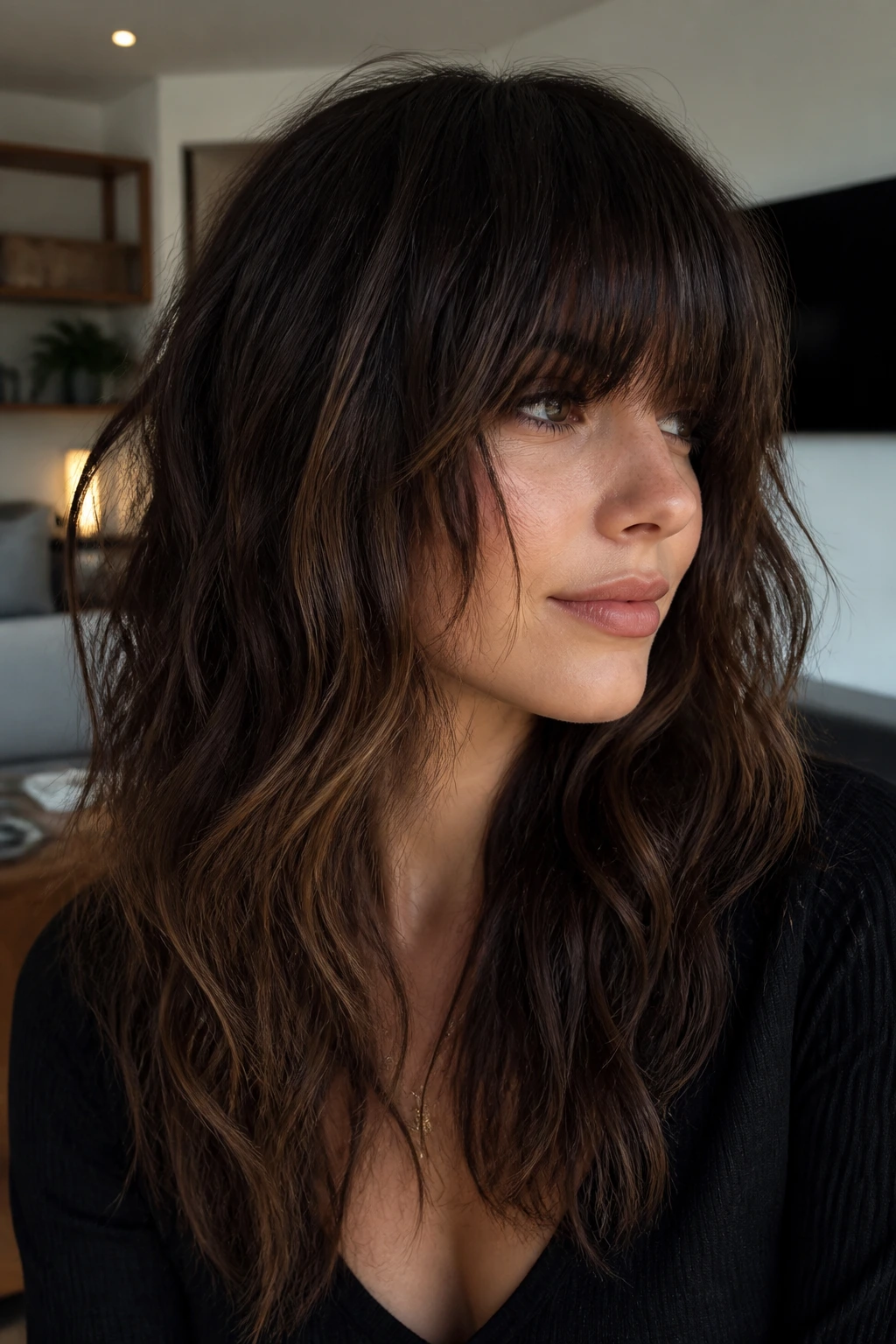 Real person with heavy fringe wolf cut in a living room setting