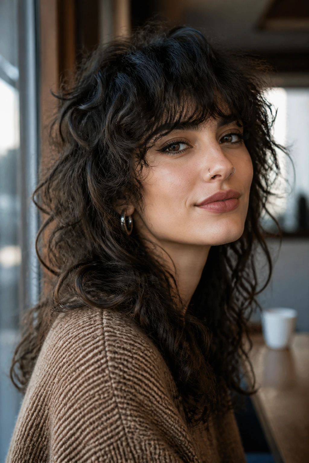 Close-up of a real woman with heavy fringe wolf shag and curly texture