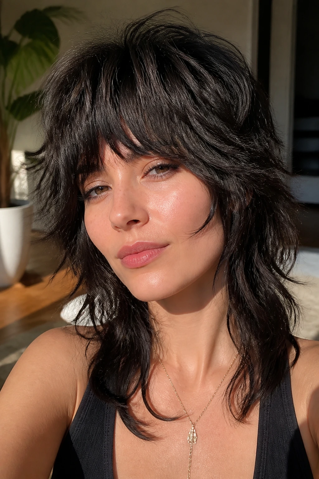 Close-up of real woman with heavy fringe wolf cut