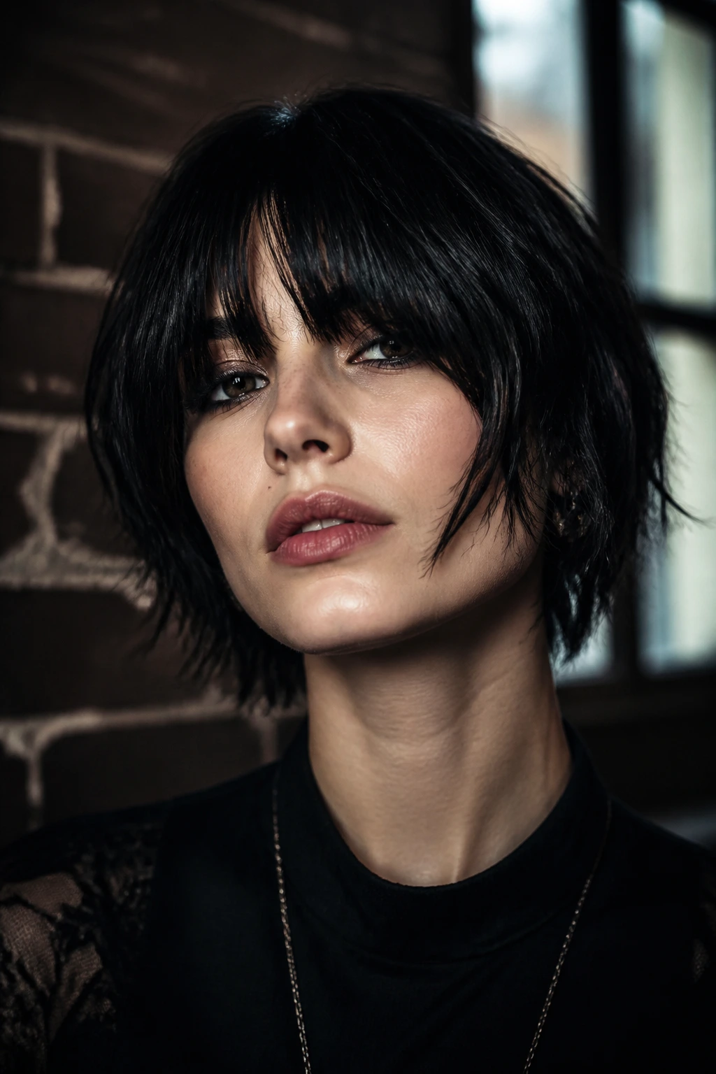 Portrait of a person with heavy gothic curtain bangs in moody loft lighting