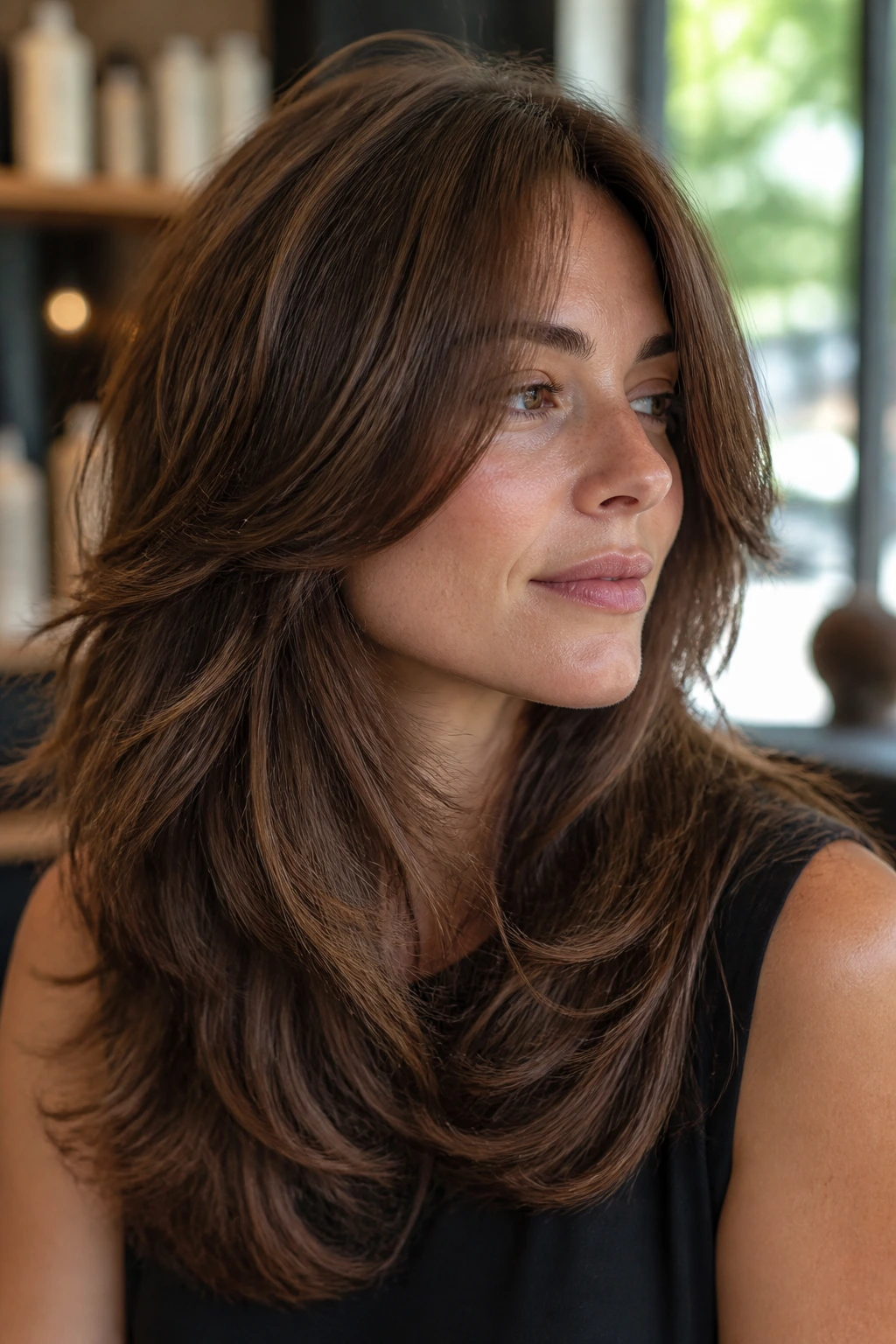 Close-up of a real woman with a heavy-layer shag for thick hair showing built-in volume and weight, in a sunlit salon.