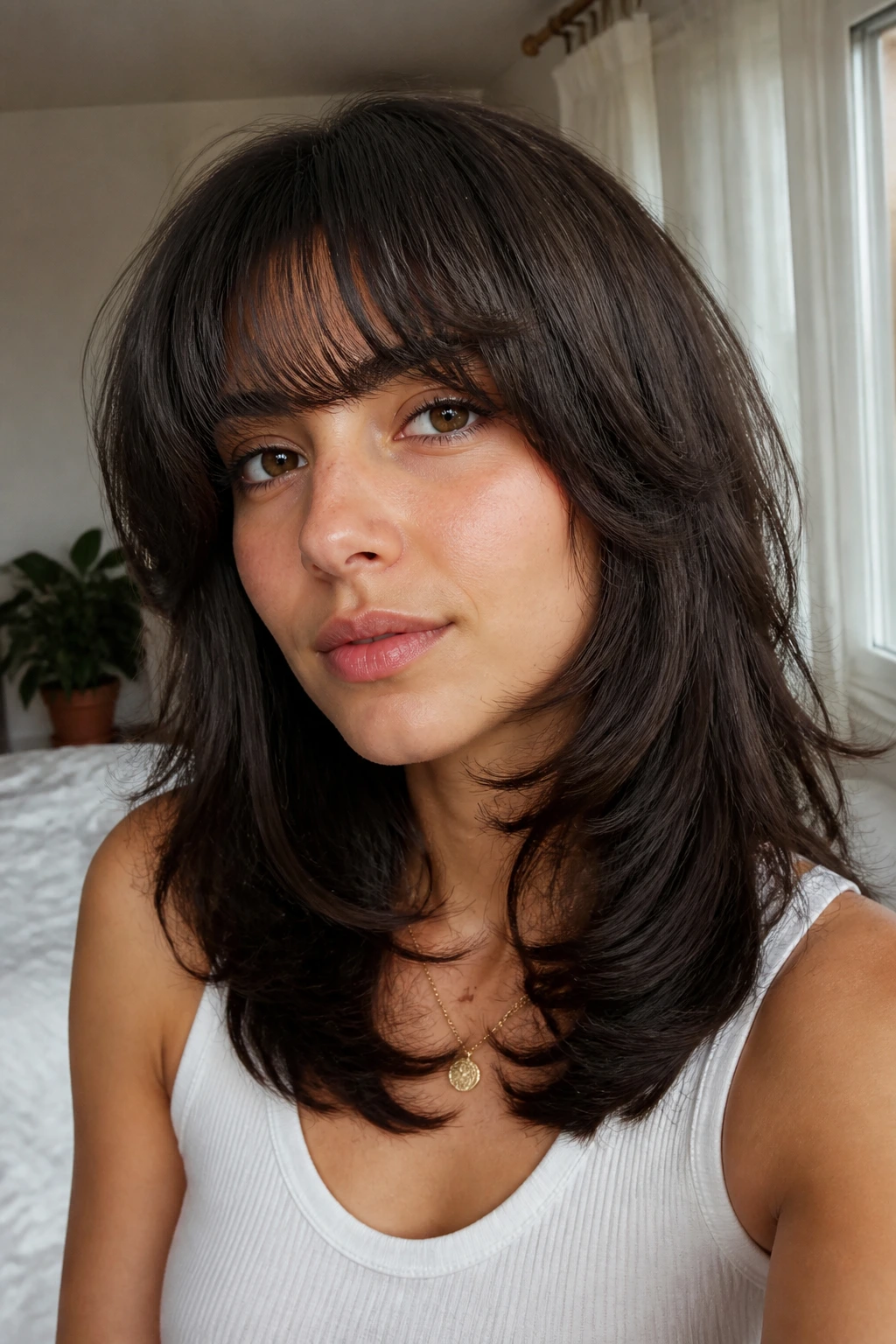 Close-up portrait of a real person showing a heavy layered cut with a curved fringe