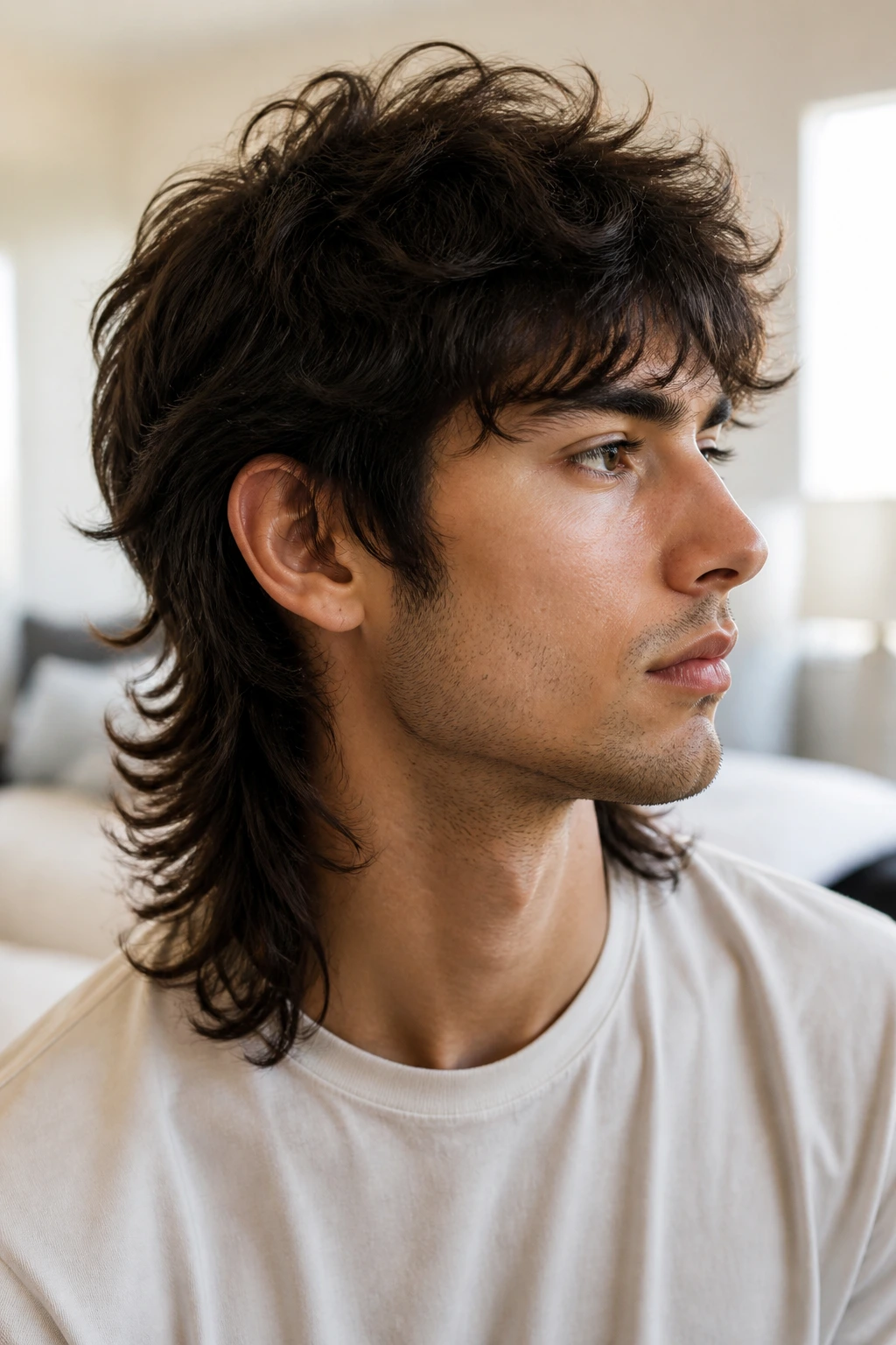 Portrait of a real person with a heavy layered mullet in bright interior.