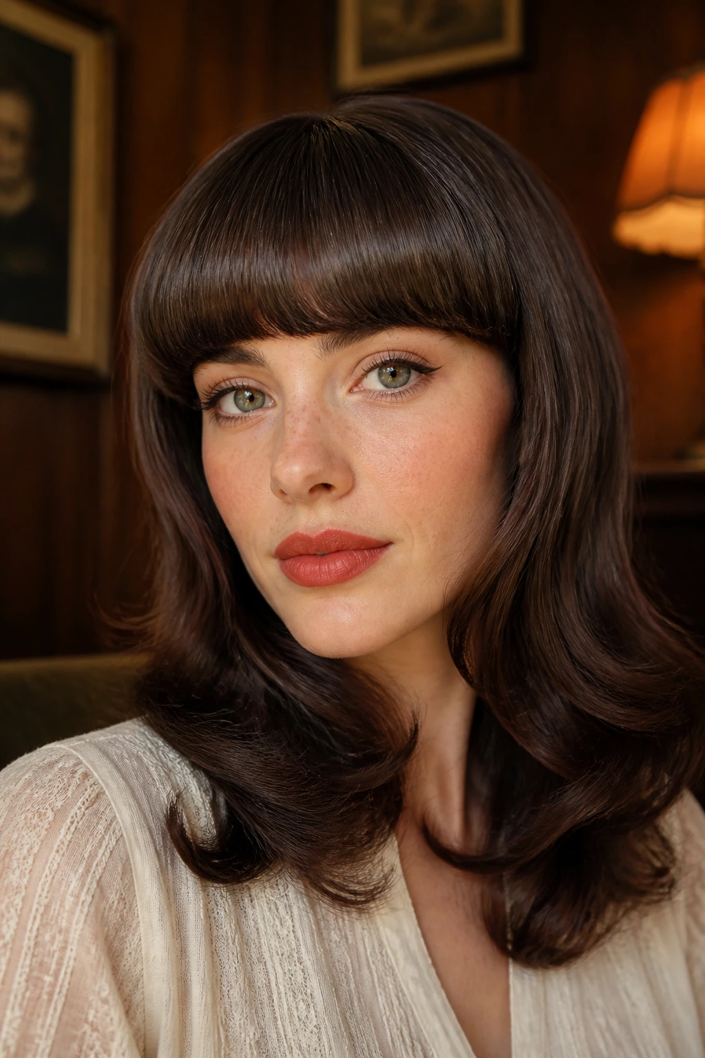 Close-up of a real woman with heavy oval fringe forming a 1920s-style arc.