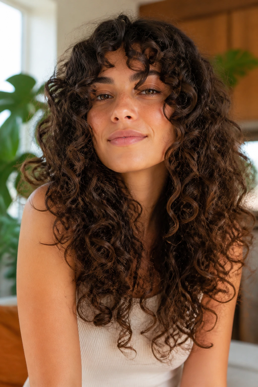 Close-up of a real woman with a heavy perimeter and airy interior curls in natural light.