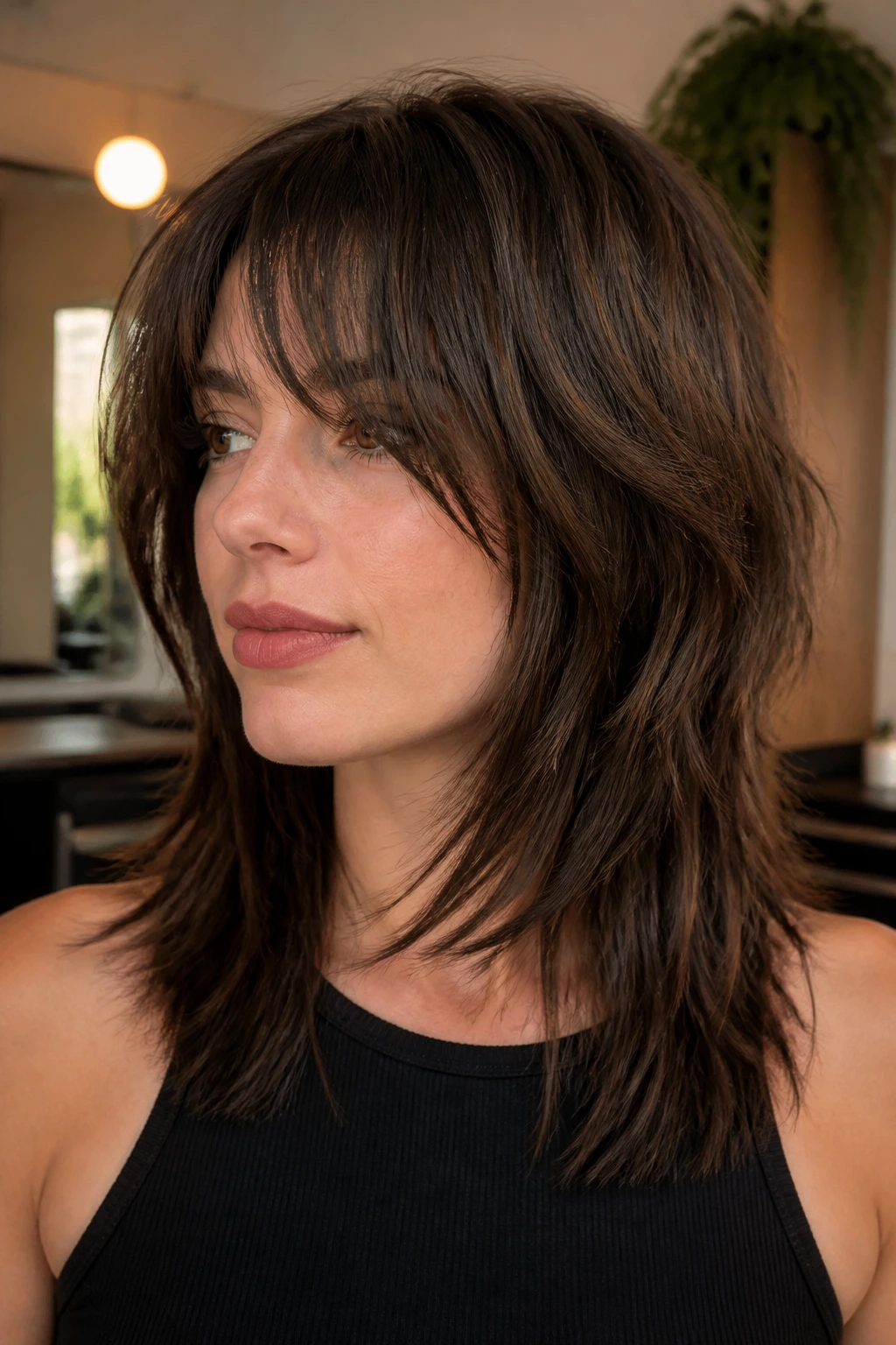 Close-up portrait of a real person with heavy razor shag on thick straight hair