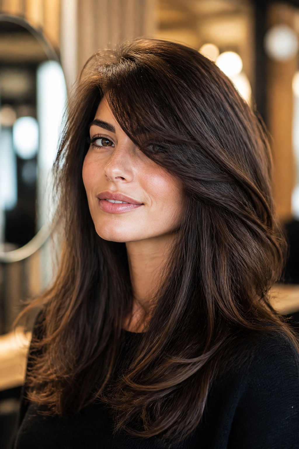 Close-up portrait of a real woman with thick hair and heavy side-swept bangs