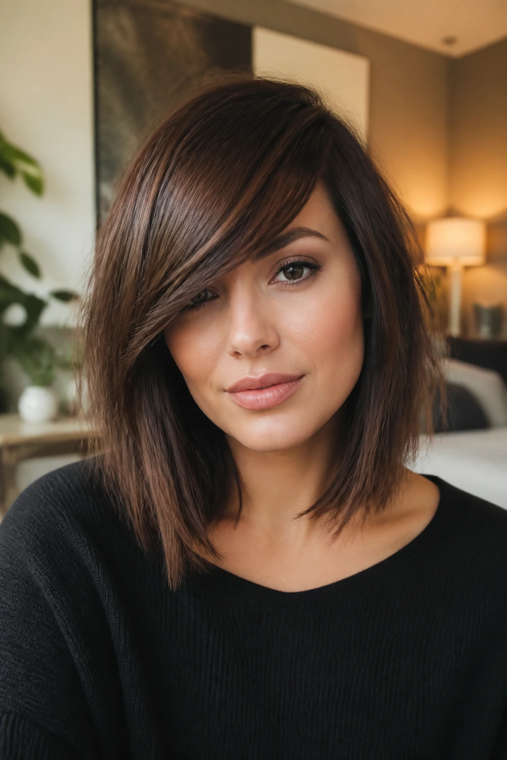 Close-up of a real woman with heavy side fringe and a long bob
