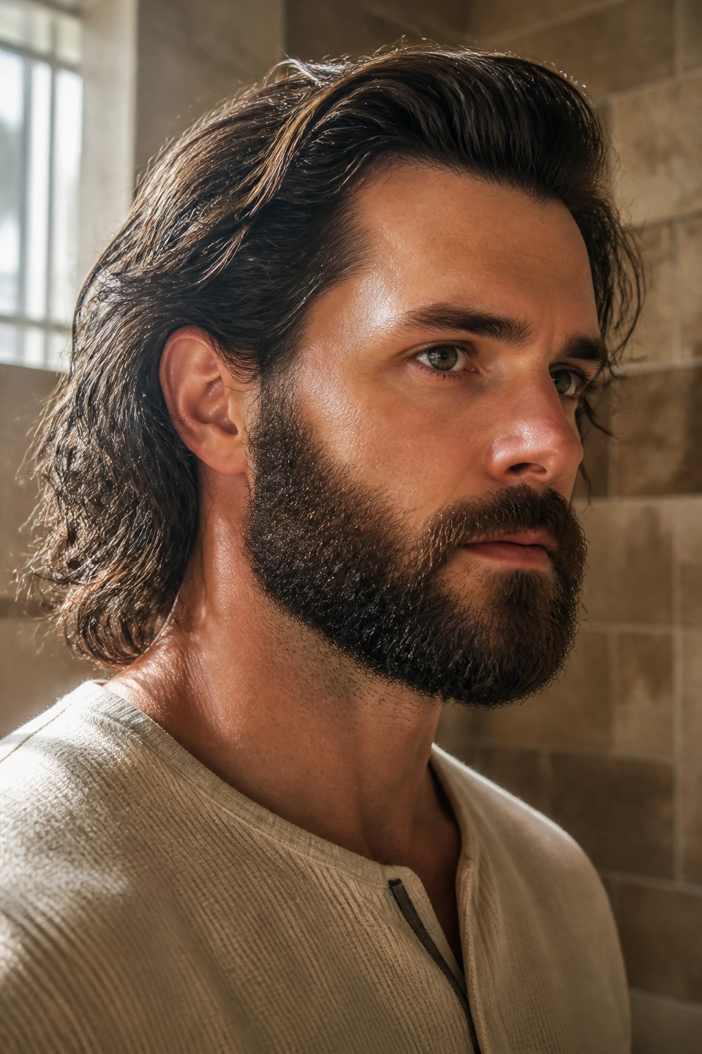 Close-up portrait of a man with thick sideburns blending into a beard, warm natural light.