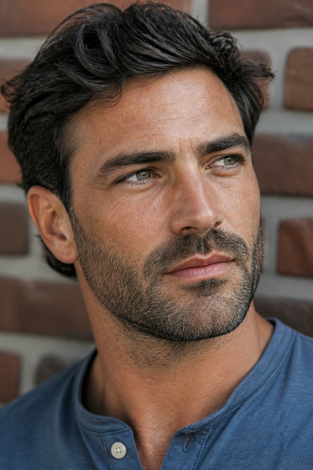 Close-up of a man with heavy stubble on jawline and chin.