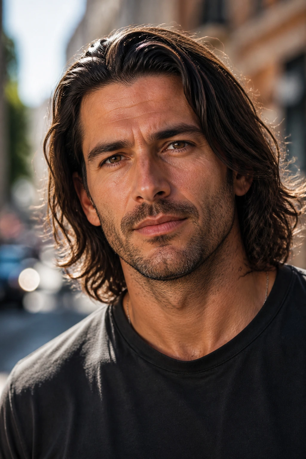 Close-up portrait of a man with shoulder-length hair and heavy stubble.
