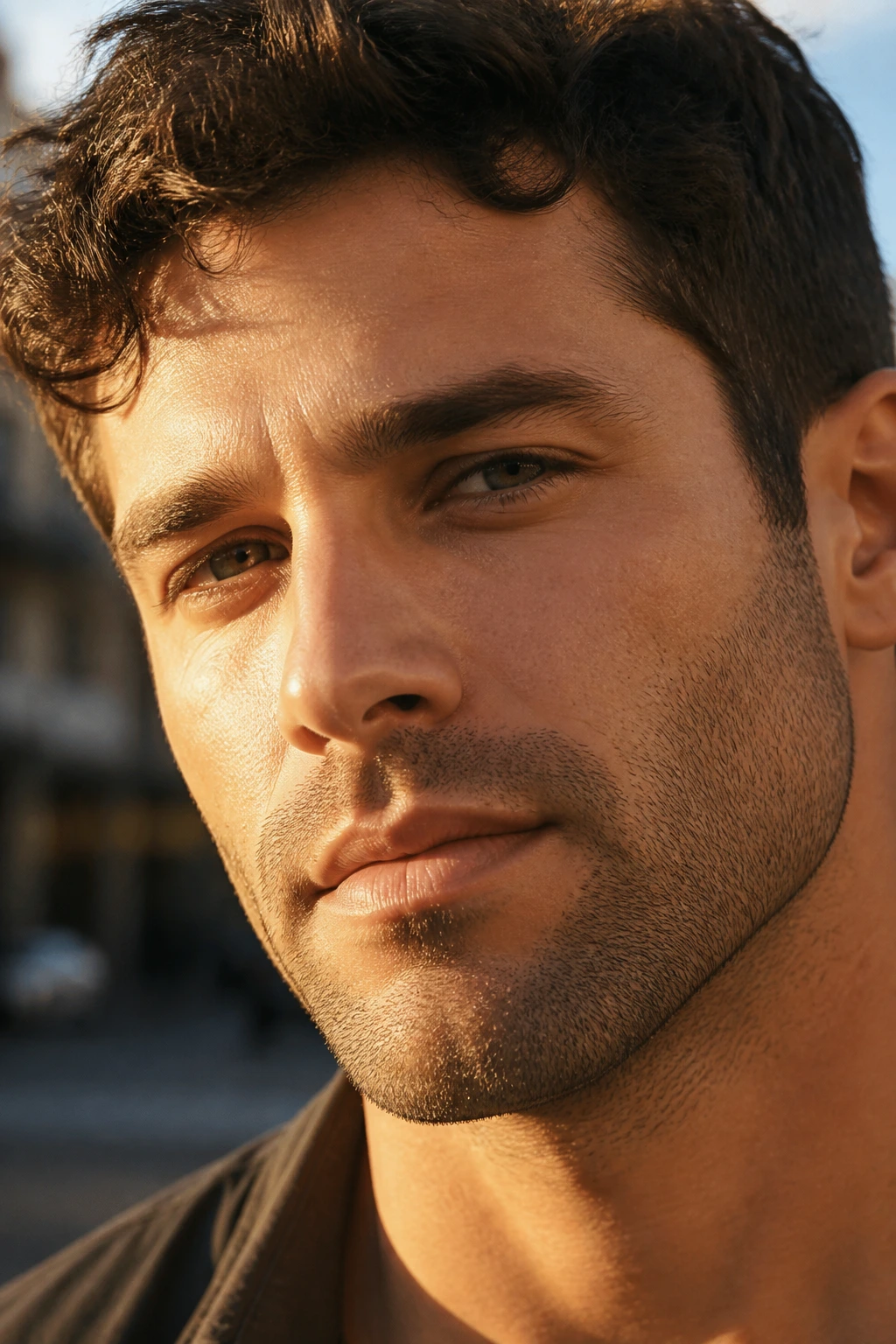 Close-up of a man with heavy stubble along jaw and chin
