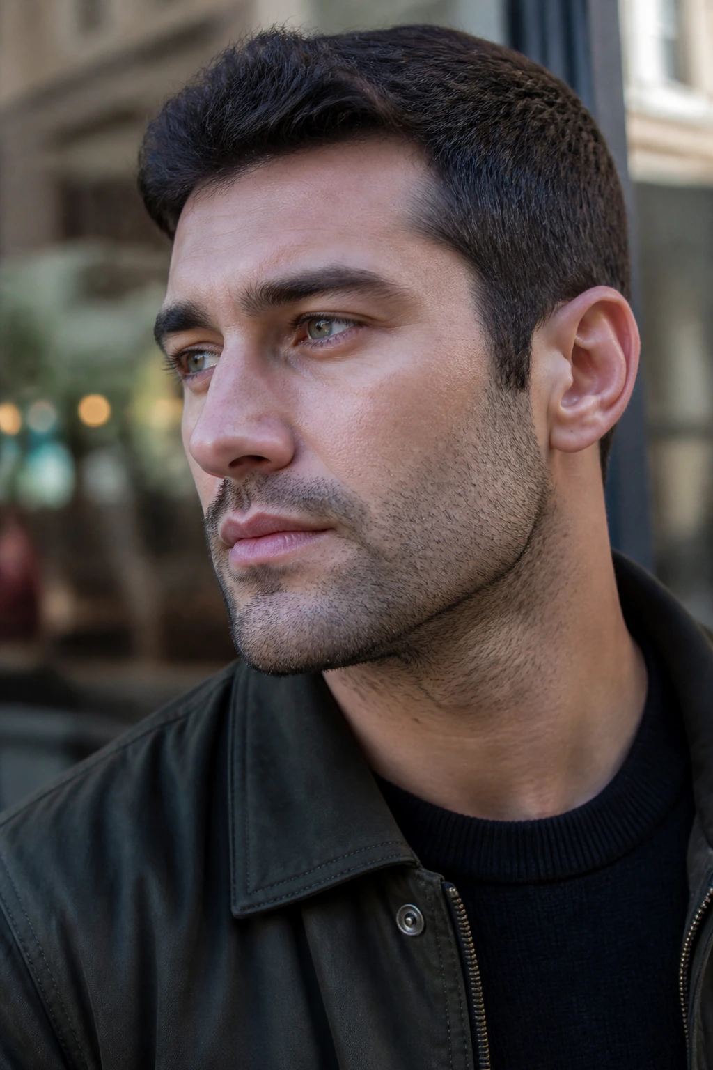 Close-up portrait of a real man with heavy stubble and clean neckline in daylight