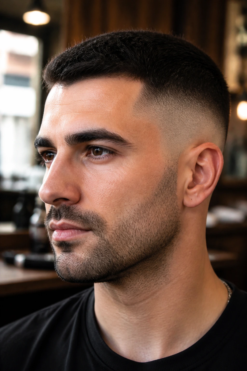 Close-up of a man with 3-4 mm stubble and a skin fade at the temples, defining the jawline.