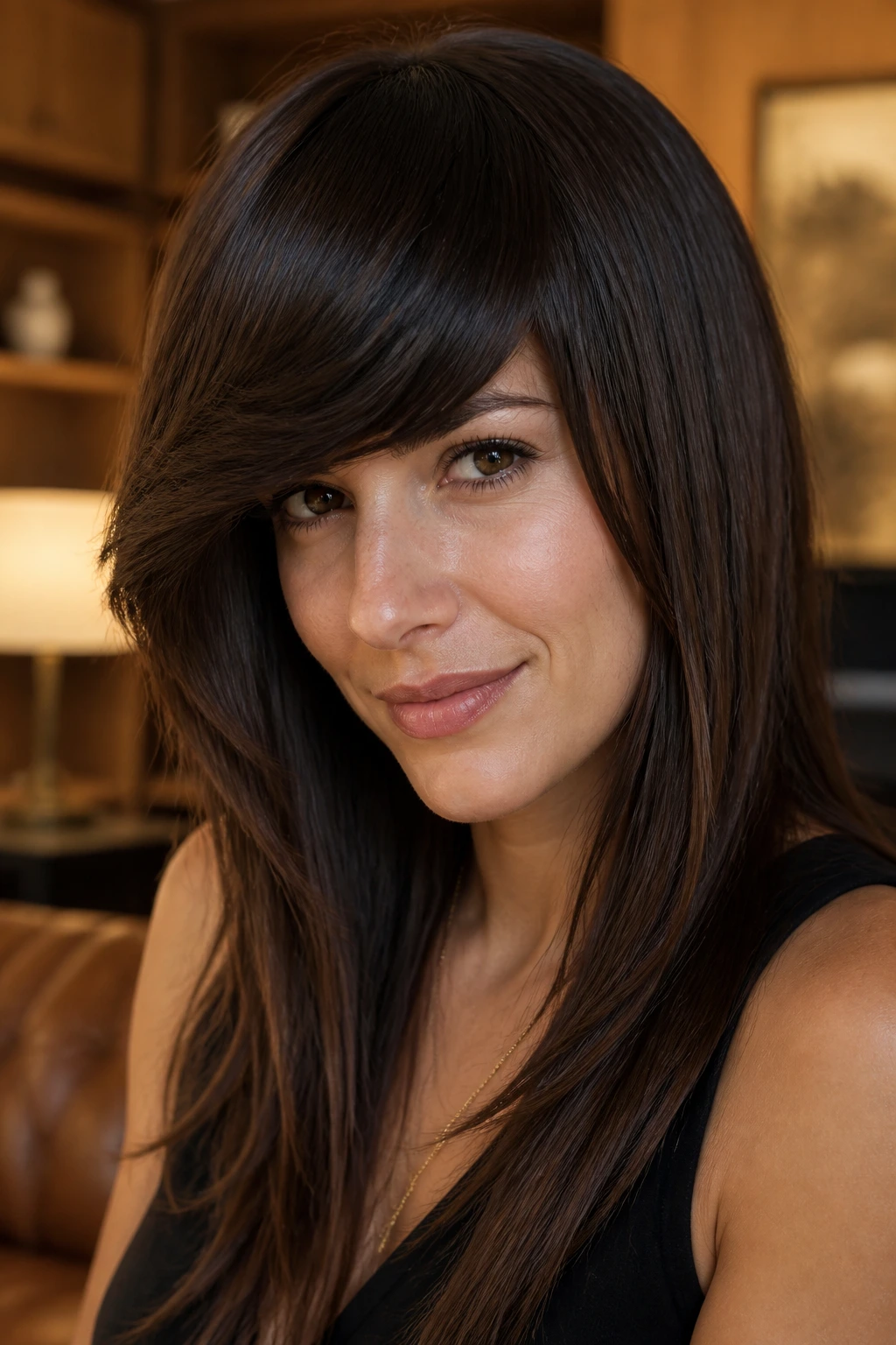 Close-up of a real woman with heavy sweeping fringe in dramatic light