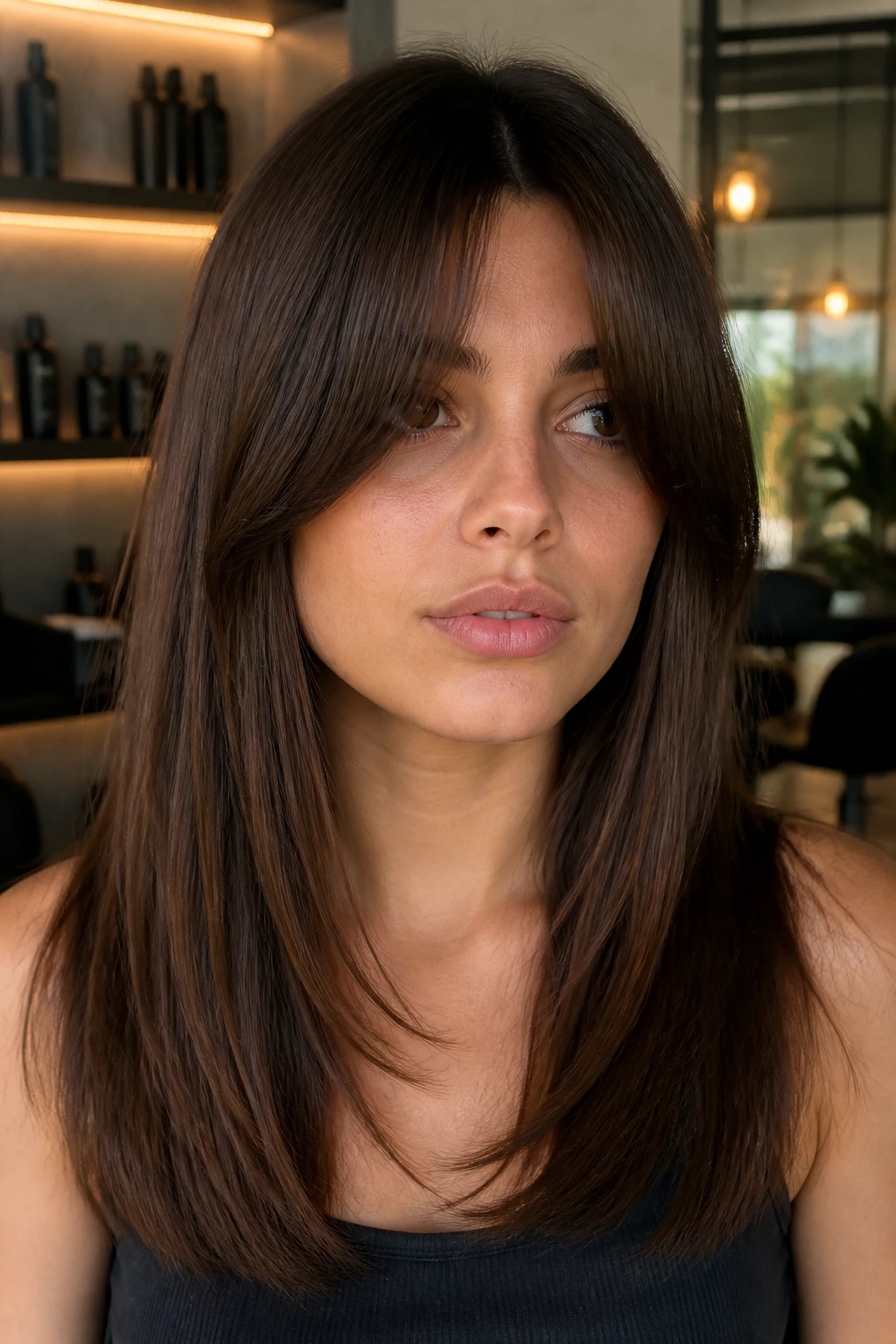 Close-up portrait of a woman with heavy velvet curtain bangs in a warm room