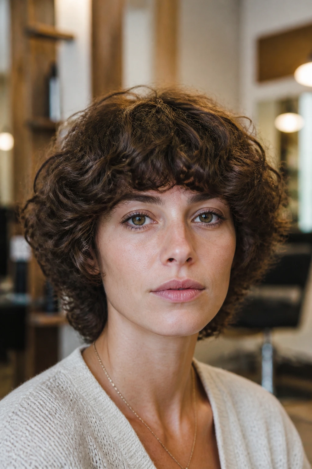 Close-up of a real person with a helmet-like curly shag hairstyle