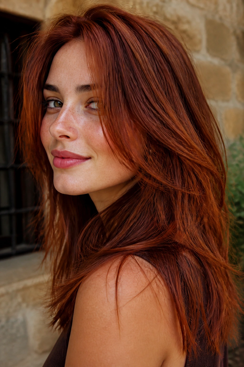 Close-up portrait of a real person with henna-inspired deep red hair in outdoor courtyard