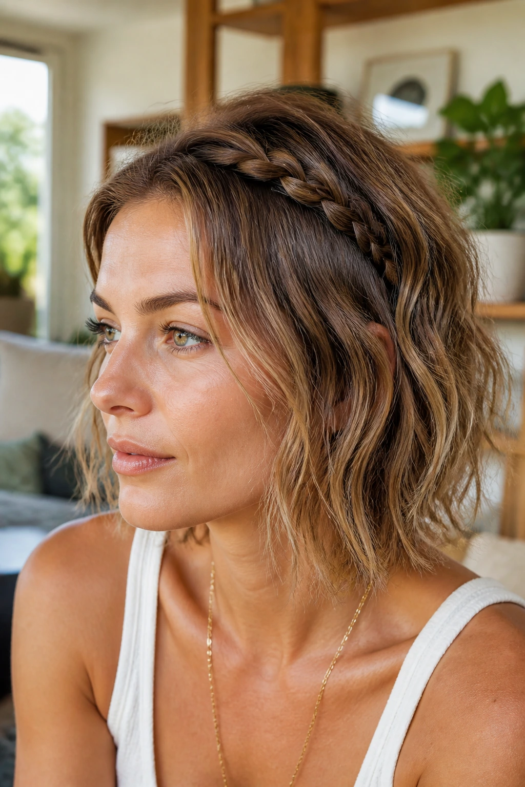 Close-up of a real woman with a tiny crown braid integrated into short waves