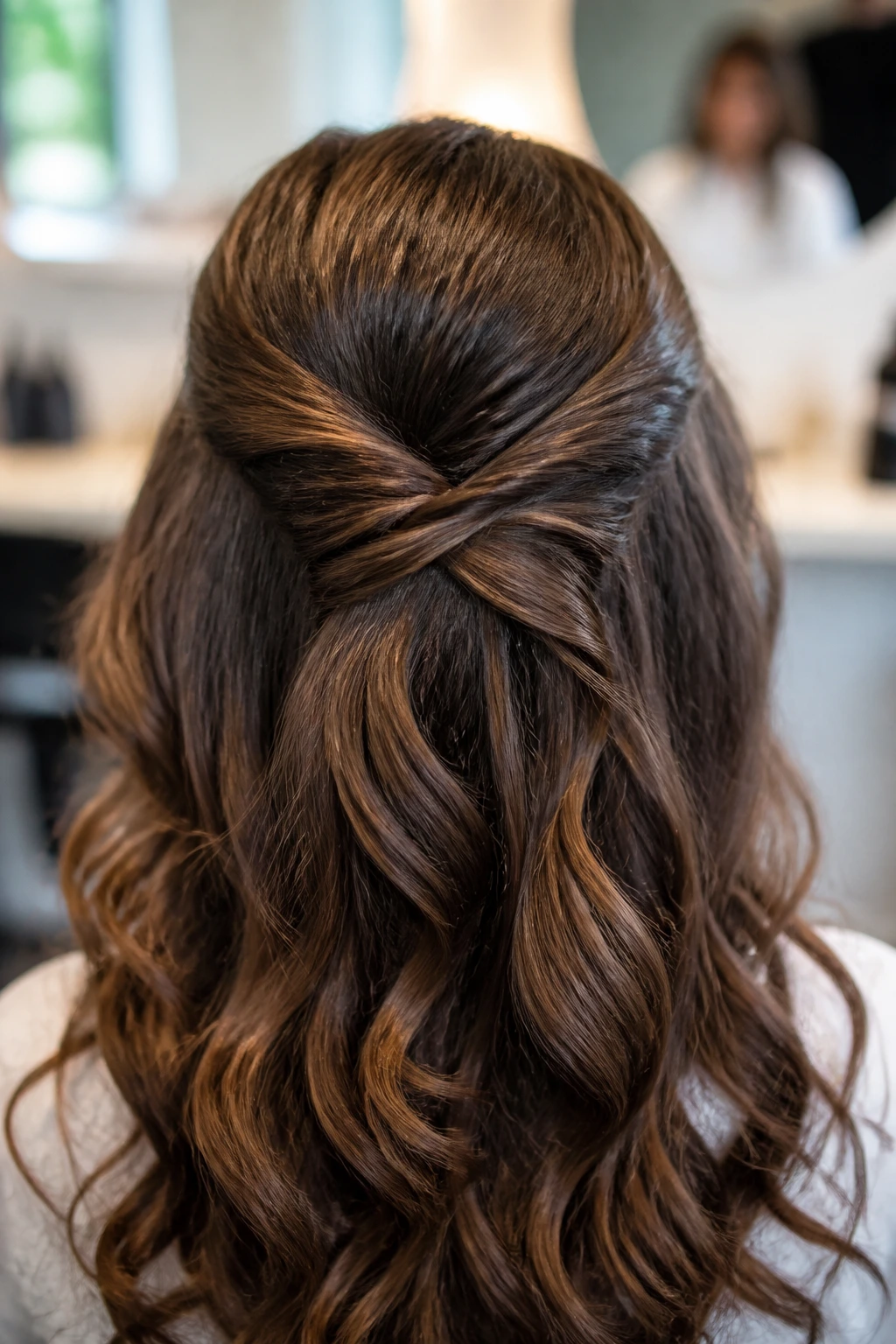 Close-up of a real person with thick hair styled in a hidden cross-pin half-up.