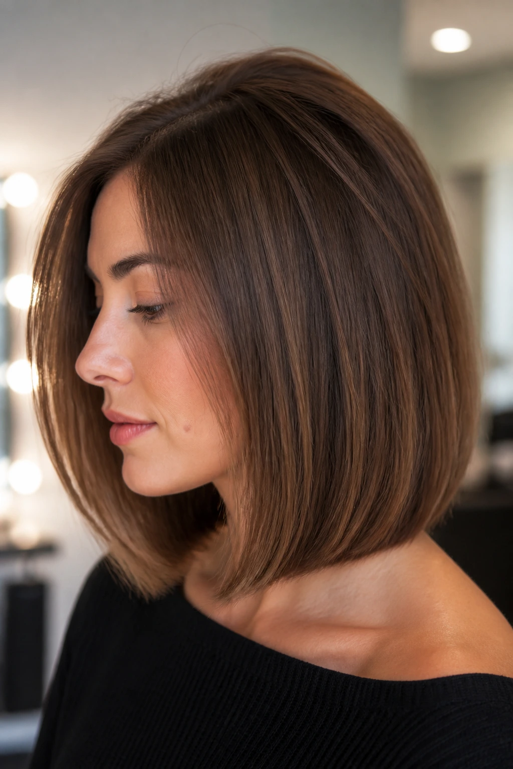 Close-up of a real person with hidden crown layer lob showing subtle crown lift.