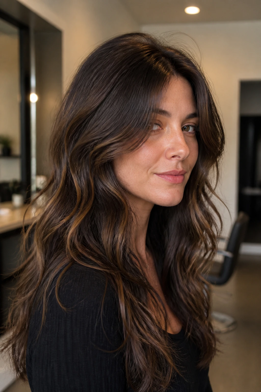 Portrait of a woman with hidden crown lift wolf shag showing lifted crown and smooth surface