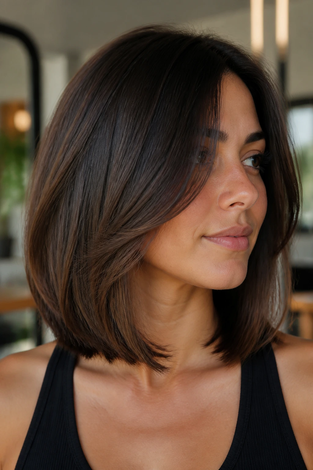 Real woman with hidden debulk lob showing smooth top and lighter underlayer at the neck